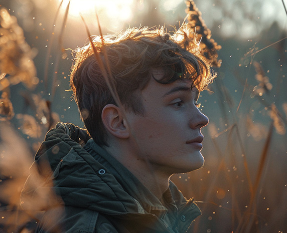 A young man in a field.