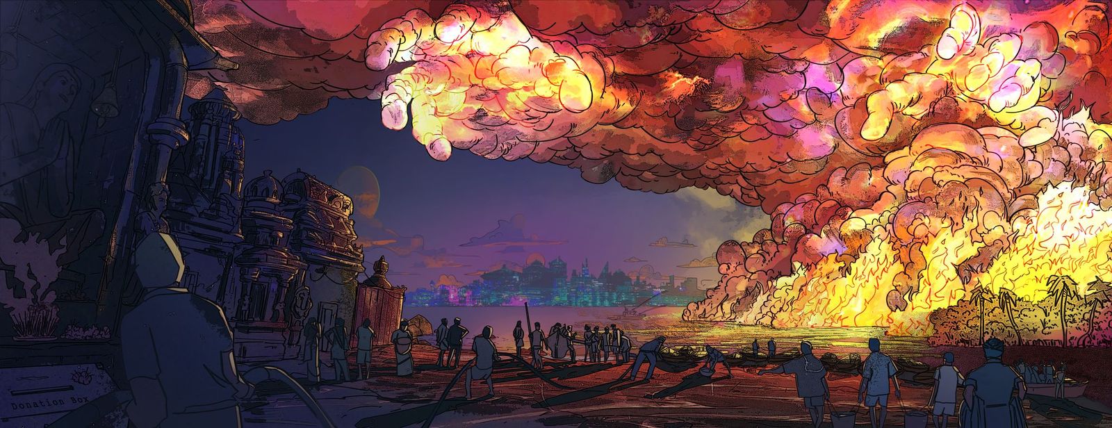 Concept image from new video game All Will Rise, depicting an animated river on fire.
